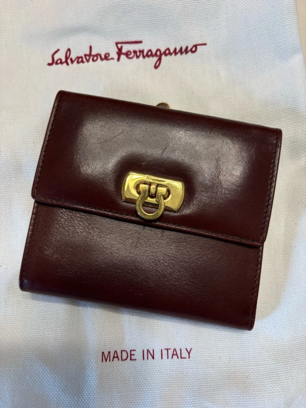 Salvatore Ferragamo Burgundy Leather Wallet Gold Hardware Luxury